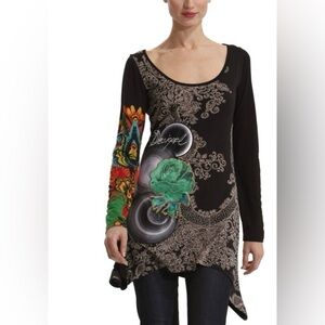 New Desigual Milton Floral Scroll Tattoo Print Long Sleeve T Shirt Dress Sz M
